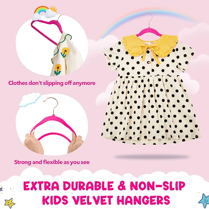 HOUSE DAY Velvet Kids Hangers 60 Pack, Premium Childrens Hangers for Closet, Ultra Thin Cute Clothes Hanger, Non Slip Small Felt Hanger 14 Inch for Kids Clothes, Hot Pink