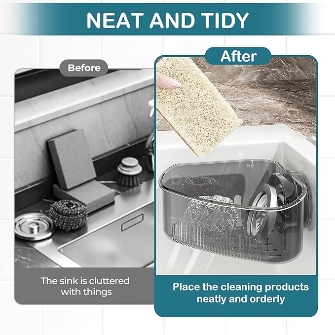 Suction Cup Sink Corner Rack,Sponge Holder with Strong Suction Cup, Kitchen Sink Organizer with Drainage Holes, Storage Rack for Bathroom, with Pizza - Shaped Sponge