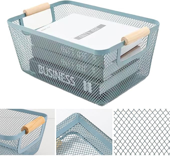 Metal Mesh Steel Basket, Large Wire Storage Organizer Basket Multi-function Hanging Kitchen Baskets with Wood Handle for Kitchen Bathroom Picnic Home, Rectangle-Blue