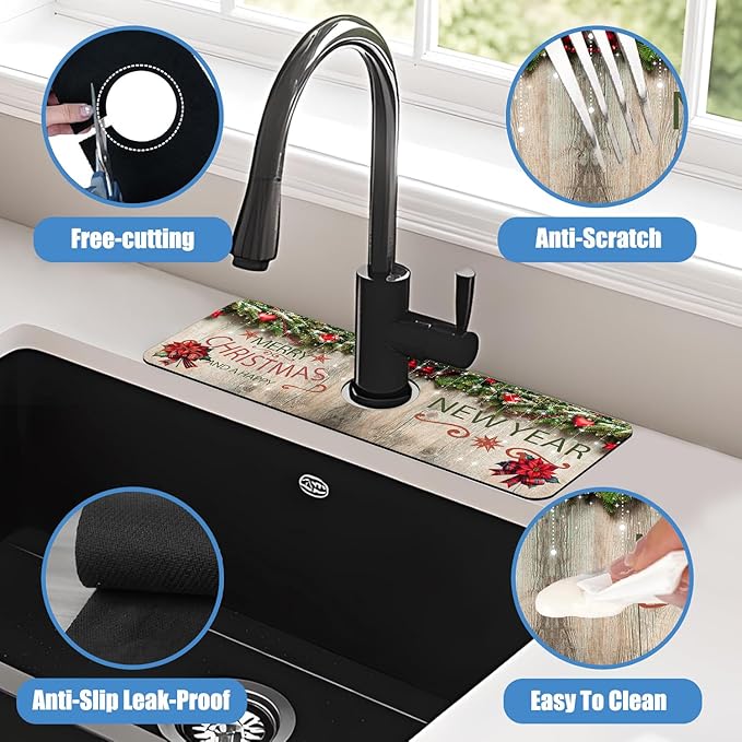 Chrismas Sink Splash Guard Faucet Mat Cute Christmas Absorbent Fast Drying Mat Sink Gadgets Splash Guard Behind Faucet Drip Catcher for Kitchen Bathroom 15.5"X5.5"
