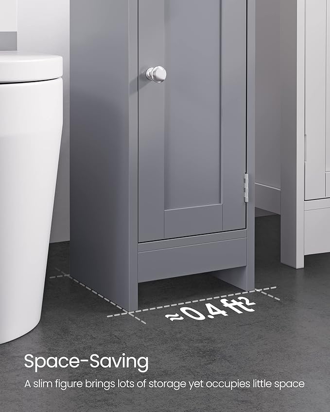 VASAGLE Small Storage Corner Floor Cabinet with Door, 7.9 x 7.1 x 31.5 Inches, Narrow Toilet Paper Storage Holder, Adjustable Shelves, for Bathroom, Living Room, Small Spaces, Dove Gray UBBC310P36