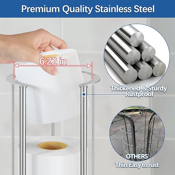 Brushed Nickel Toilet Paper Stand Free Standing Heavy Base 3 Rolls Toilet Paper Roll Holder for Bathroom Storage