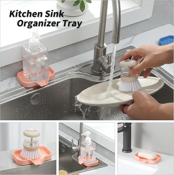 MicoYang Silicone Bathroom Soap Dishes with Drain Spout-Bathroom and Kitchen Sink Organizer,Sponge Holder,Dish Soap Tray,Perfect for Dispenser,Scrubber,Bottle,Cup on Sink or Counter-Pink 4.9"×3.2"