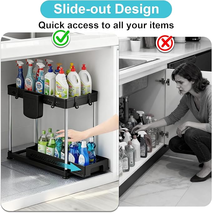 Under Kitchen Sink Organizer, 2-tier Under Sink Organizers and Storage for Kitchen & Bathroom, Multi-Purpose Pull Out Under Cabinet Organizer with Hooks Hanging Cup (Black, 2 Pack)