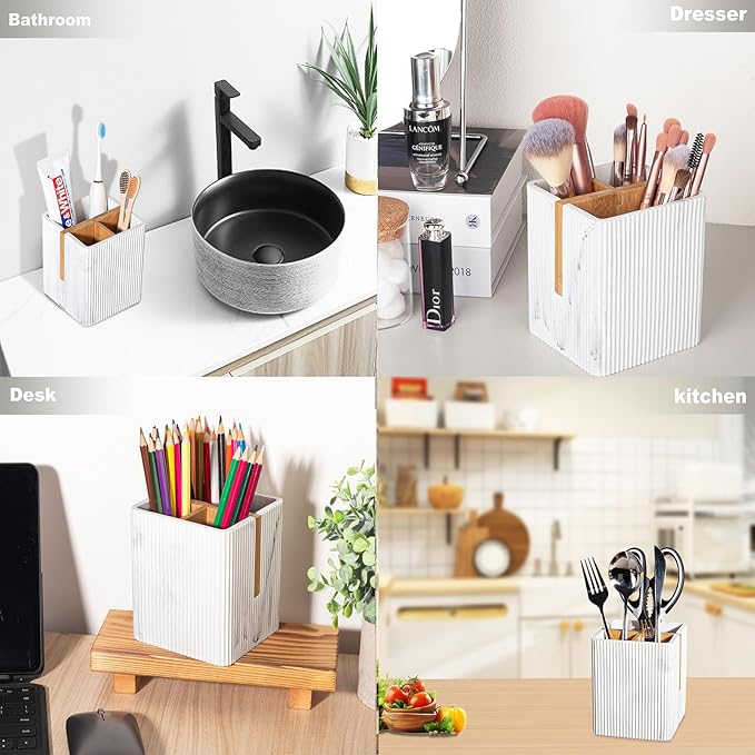 rejomiik Toothbrush Holders for Bathrooms Countertop, 3 Slots Electric Tooth Brushing and Toothpaste Storage Organizer Stand for Toiletries and Beauty Accessories, Marble White