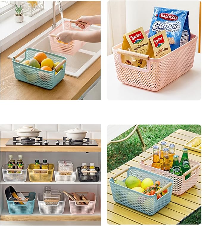 Metal Mesh Steel Basket, Large Wire Storage Organizer Basket Multi-function Hanging Kitchen Baskets with Wood Handle for Kitchen Bathroom Picnic Home, Rectangle-Pink