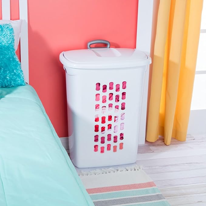 Sterilite 6-Pack Ultra Wheeled Hamper, Laundry Basket w/Flip-Top Lid & Retractable Handle - Plastic Rolling Clothes Storage Cart with Ventilated Holes for Home, Apartment or Dorm