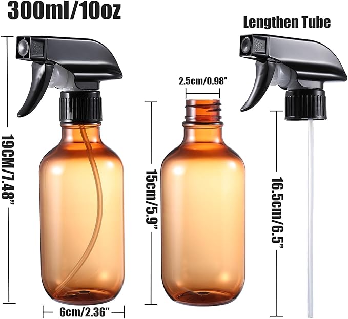 Water Spray Bottle for Hair, Small Squirt Bottle Amber & Frosted Clear, 10.1 oz Refillable Empty Mister Spray Bottles with Adjustable Mist/Stream for Hair, Plant, Pet, Cleaning, Cooking