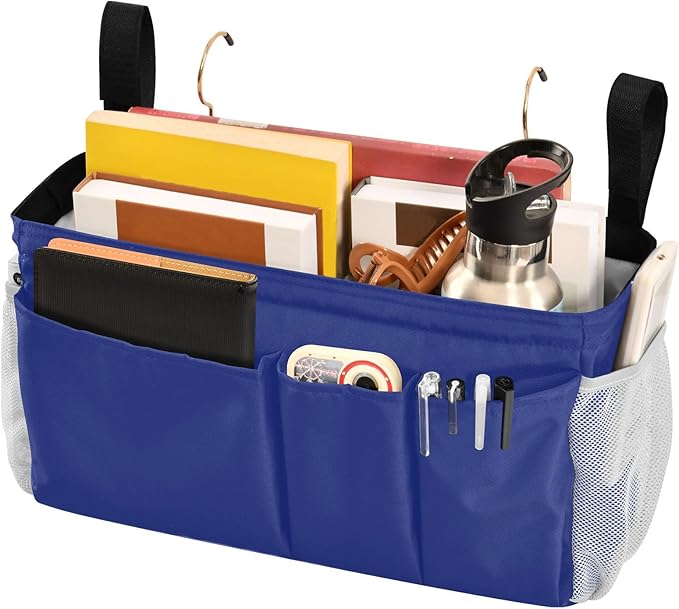 KOPIRIT Blue Bedside Caddy Storage Bag Bedside Organizer for Bunk Bed Headboards College Organizer Caddy Hanging Shelf 6 Pockets with Hooks for Book Glasses Phone Holder