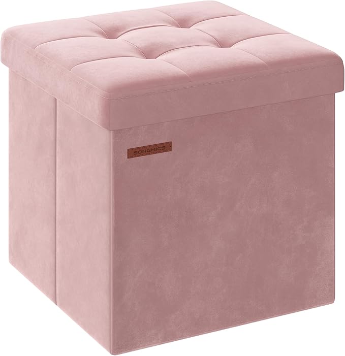 SONGMICS Small Storage Ottoman, Folding Ottoman Cube, 15 x 15 x 15 Inches, Footstool, Footrest, 11 Gal. (43 L), Velvet Surface, for Bedroom, Living Room, Dorm, Jelly Pink ULSF227R01