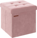 SONGMICS Small Storage Ottoman, Folding Ottoman Cube, 15 x 15 x 15 Inches, Footstool, Footrest, 11 Gal. (43 L), Velvet Surface, for Bedroom, Living Room, Dorm, Jelly Pink ULSF227R01