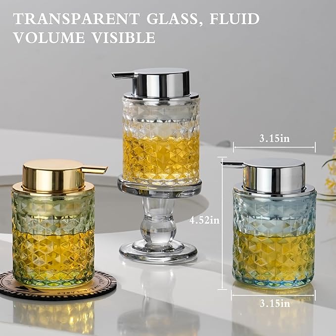 Hand Soap Dispenser Glass, Refillable Liquid Dispenser for Bathroom & Kitchen,Lotion Dispenser with Large Silver Pump（Diamond Pattern-Clear）