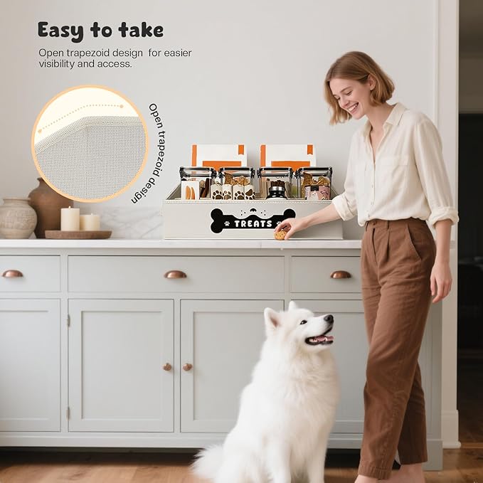 Dog Treat Container, Dogs Storage Organizer with Removable Dividers, Collapsible Dogs Treat Holder for Countertop, Trapezoid Pet Treats Containers, Dog Toy Basket with PU Handles, Large, Beige