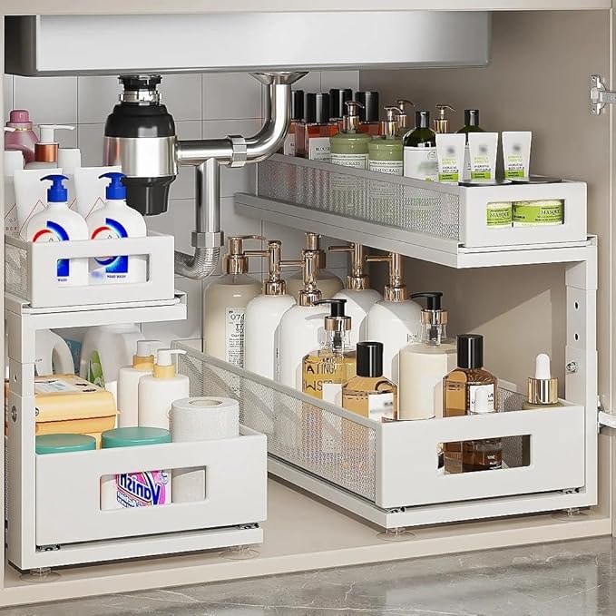 Corbyles 2 Pack 18.5IN-Depth Under Sink Organizer With Next-Gen Ball-Bearing Slides,2-Tier Pull Out Cabinet Storage,Height Adjustable Drawer Shelf for Bathroom,Kitchen,Laundry,Cabinet,Pantry-White