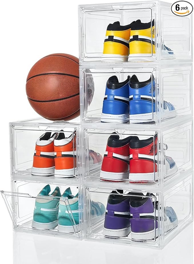 Shoe Organizer Shoe Storage Boxes, 6 Pack Large Drop Front Shoe Boxes with Magnetic Door, Clear Plastic Stackable Shoe Containers (Clear White)