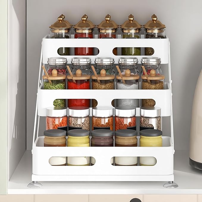3 Tier Foldable Spice Rack for Countertop Iron Kitchen Seasoning Organizer for Cabinet, White