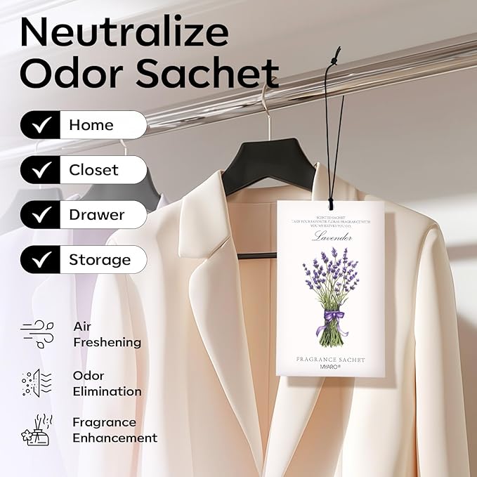 MYARO 12 Pack Lavender Scented Sachets | Odor Eliminator & Air Freshener for Drawer, Closet, Car, Shoes, Gym Bag, Suitcase | Home Fragrance Gift Set