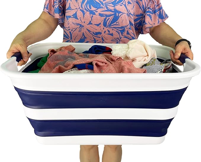 SAMMART Collapsible Plastic Laundry Basket with Handle/Foldable Pop Up Storage Hamper/Portable Laundry Organizer-Space Saving Washing Tub/Household Storage (White/Starry Blue, 42L (Set of 2))