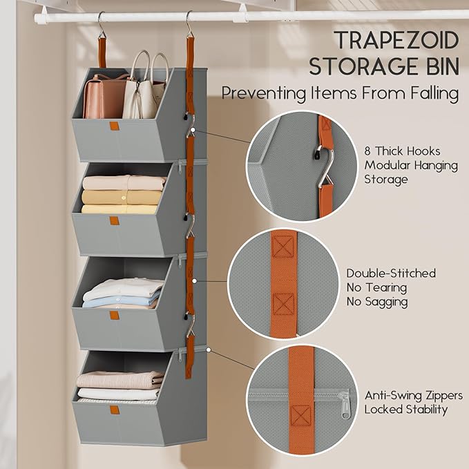 Hanging Closet Organizer 4 Tier - Clothes Hanging Shelves, Space-Saving Closet System, Fabric Storage Bins Bedroom Organization, Collapsible Baskets for Home, Dorm, Rv, Grey, 8 Pack