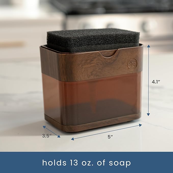 S&T INC. Dish Soap Dispenser and Sponge Holder for Kitchen Sink, Waterproof Labels and Sponge Included, 13 Ounces, Plastic, Walnut and Amber