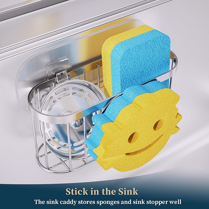 Consumest Sponge Holder Smiley Face - Kitchen Sink Caddy, Sink Organizer with Removable Suction Cups & Adhesive Strips, Suit for Sponge, Soap, Silver