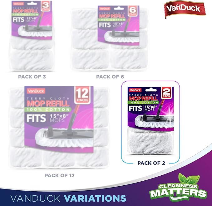 VanDuck 100% Cotton Pad Terry Cloth Mop Refills 15x8 inches, 2 Pack (Mop is Not Included)