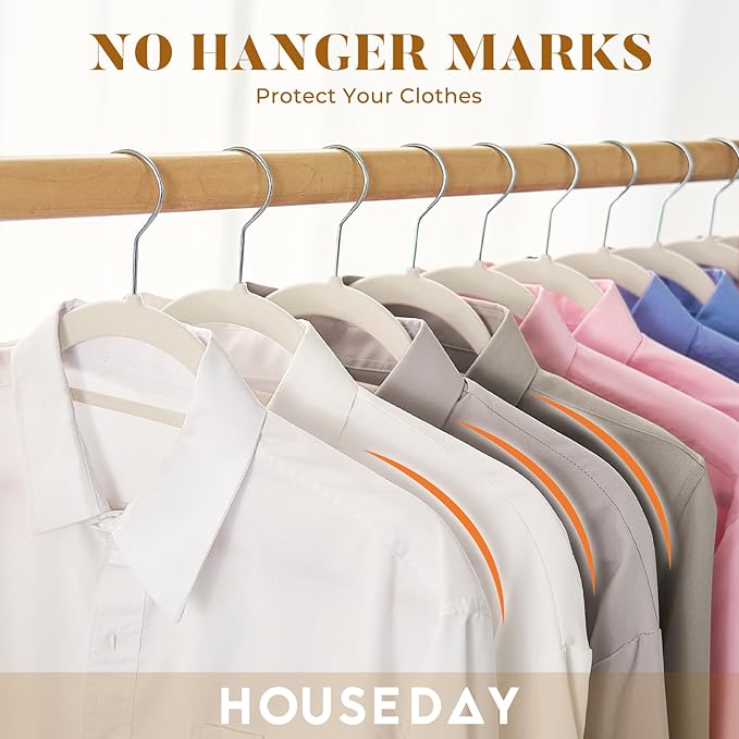 HOUSE DAY Velvet Hangers with Tie Bar 20 Pack Ivory, Clothes Hanger Non-Slip, Space Saving Felt Hangers for Pants, Coat, Suits, Shirt, Scarf, No Hanger Marks