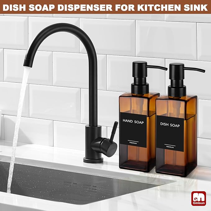 GMISUN Amber Glass Soap Dispenser, Hand Soap Dispenser with Stainless Steel Pump for Bathroom, 12 fl oz/350ml Refillable Dish Dispensers for Kitchen, Modern Liquid Lotion Bottles for Countertop