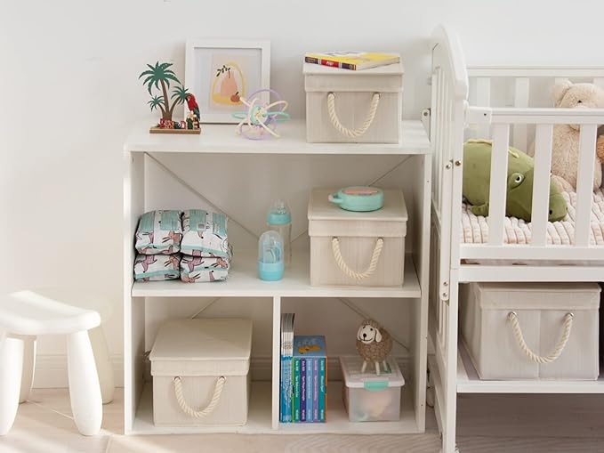 StorageWorks Storage Bins with Lids, Decorative Storage Boxes with Soft Rope Handles, Foldable Stackable Storage Baskets for Closet, Shelves, 3-Pack, Ivory and White, Medium