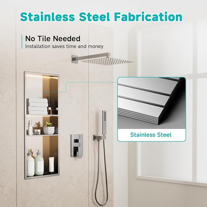 TSIBOMU Stainless Steel LED Lights Shower Niche 12" x 30" – Recessed Wall Niche with 3-Tier Storage, Waterproof & Rustproof Modern Bathroom Shower Shelf (Brushed)