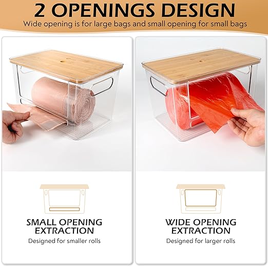 2 Pack Stackable Trash Bag Dispenser with Wooden Top for Large & Extra-Large Rolls – Garbage Bag Holder for 13-33 Gallon Bags – Trash Bag Dispenser Under Sink with Anti-Slip Base for Rolls Storage