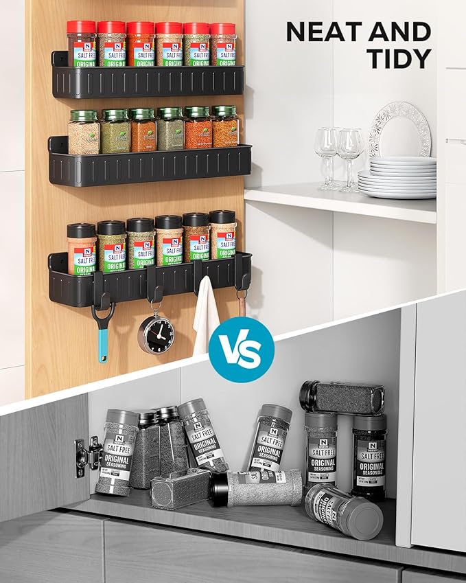 Nieifi Spice Rack Wall Mount, 4 Pack, Black, Screw or Adhesive Installation, Spice Rack Organizer for Your Kitchen Cabinet or Pantry Door
