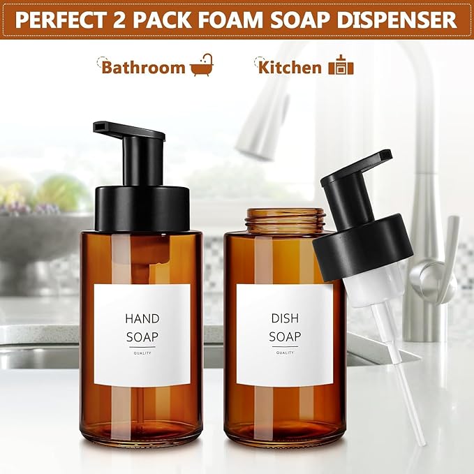 Amber Foam Soap Dispenser, 10 oz/300ml Glass Foaming Soap Dispenser, 2 Pcs Foaming Hand Dispenser for Bathroom & Kitchen, Refillable Bottle with Waterproof Labels