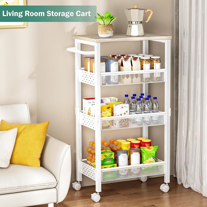 Utility Slim Storage Cart with Wheels, 4 Tier Small Rolling Cart with Wood Top, Metal Kitchen Bathroom Laundry Room Organization Trolley with Handle for Narrow Space - White