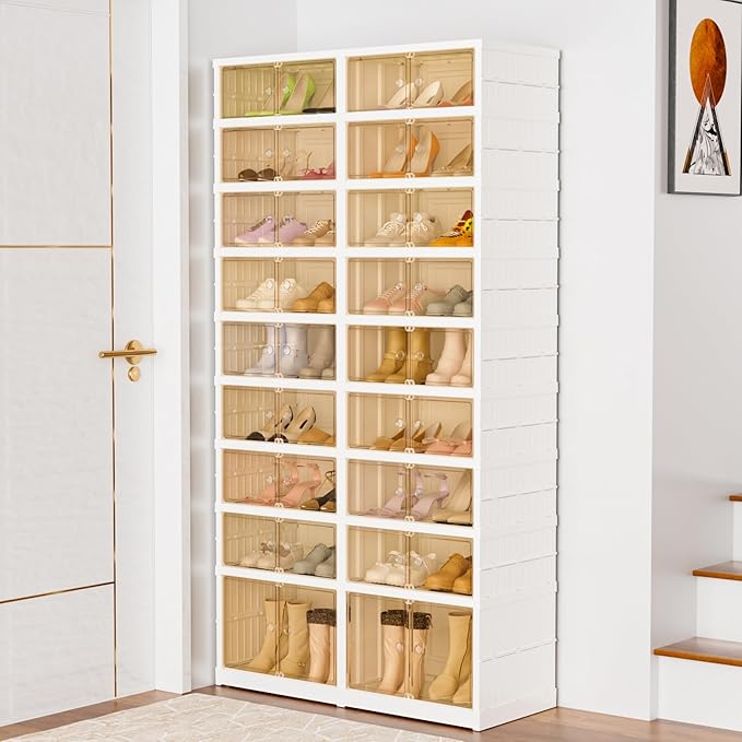 9-Tier Portable Shoe Rack Organizer for Closet, 36 Pairs Shoe Container Bins, Clear Plastic Collapsible Shoes Storage Box, Stackable Sneaker Storage Shoe Cabinet with Door