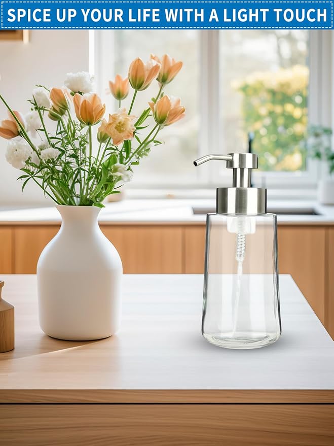 Doiliese Foaming Hand Soap Dispenser Set, 16 oz Large Glass Soap Dispenser, Foam Dispenser with Stainless Steel Pump & Waterproof Labels, Refillable Soap Bottles for Bathroom Countertop, 2 in 1