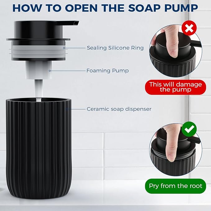 Ceramic Foaming Hand Soap Dispenser，12 oz Bathroom Soap Dispensers， Lotion Dispenser for Kitchen, Refillable Matte Streaks Soap Dispenser with Large Pump (Black)