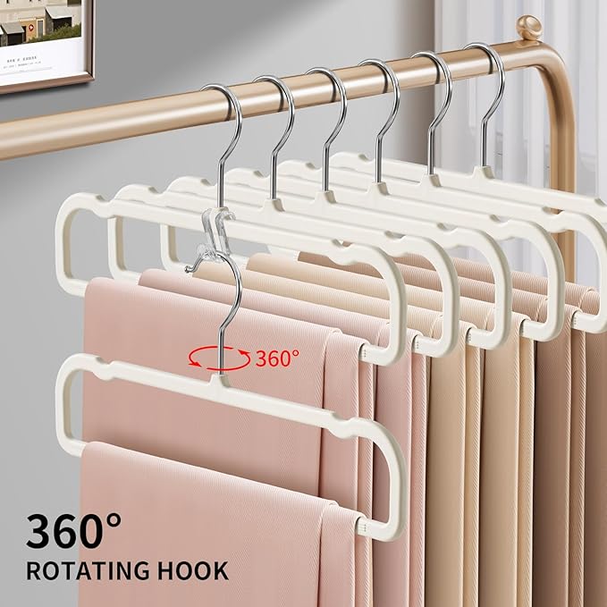HUADYMEET 14 Inch Soft-Touch Pants Hangers Non Slip, 20 Pack Slim Silky Feel Jeans Trousers Shorts Hangers with 10 Hooks,Strong Durable Thin Space Saving Clothes Hanger for Men Women,Skirts(Beige)