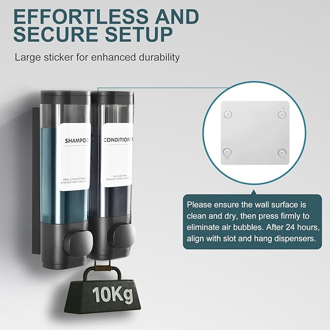 2 Pack Shampoo and Conditioner Dispenser Set, Shower Soap Dispenser 2 Chamber No Drill Wall Mounted, Body Wash Dispenser for Shower Wall Mounted with Large Capacity, Elegant for Bathroom Hotel Use