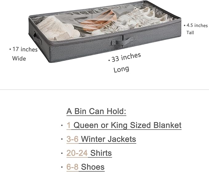 3 Pack Under Bed Storage Containers, Low Profile Underbed Shoes and Clothes Storage Organizer with Sturdy Sidewalls/Bottom, Large Dorm Storage Bins,33 * 17 * 4.5 inches,45L