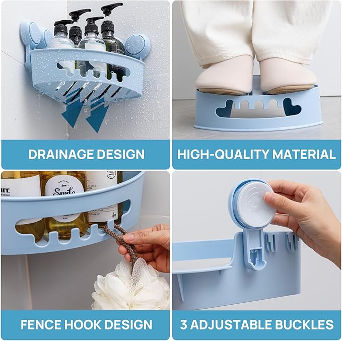 LEVERLOC Corner Shower Caddy Suction Cup, shower shelves suction cup, 2 Pack Basket Powerful Bathroom, Waterproof & Oil-proof Organizer for Kitchen, No-Drilling Removable (Blue)