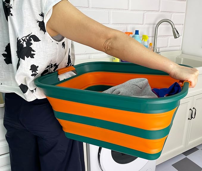SAMMART Collapsible Plastic Laundry Basket with Handle/Foldable Pop Up Storage Hamper/Portable Laundry Organizer-Space Saving Washing Tub/Household Storage (Teal Green/Autumn leaf, 42L (Set of 2))