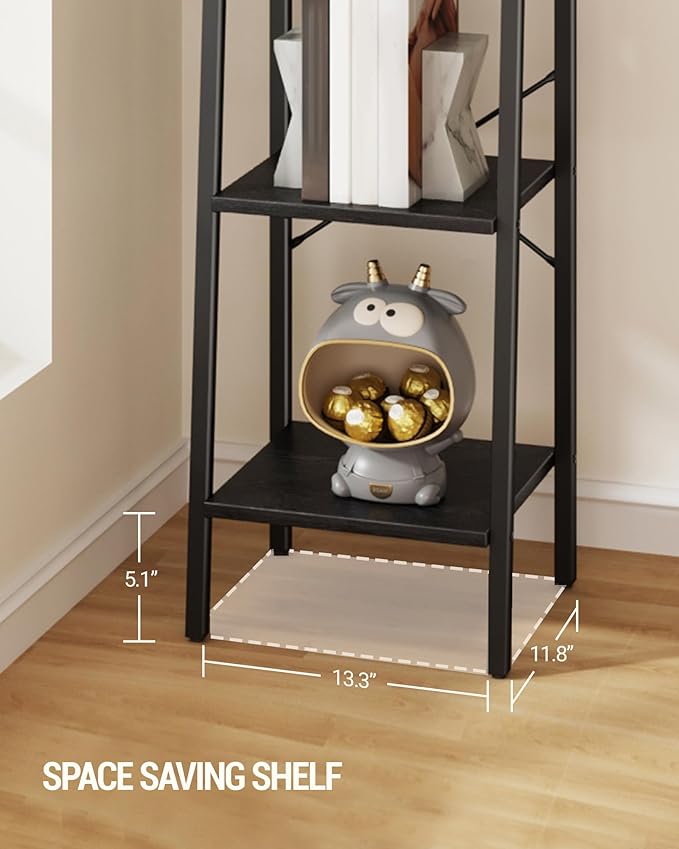 Ladder Shelf, Bookshelf Bookcase, Freestanding Corner Storage Shelve with 2 Hooks for Home Office, Living Room, Kitchen, Bedroom, Industrial, 11.8" D x 13.4" W x 72.8" H, Black BC13304B