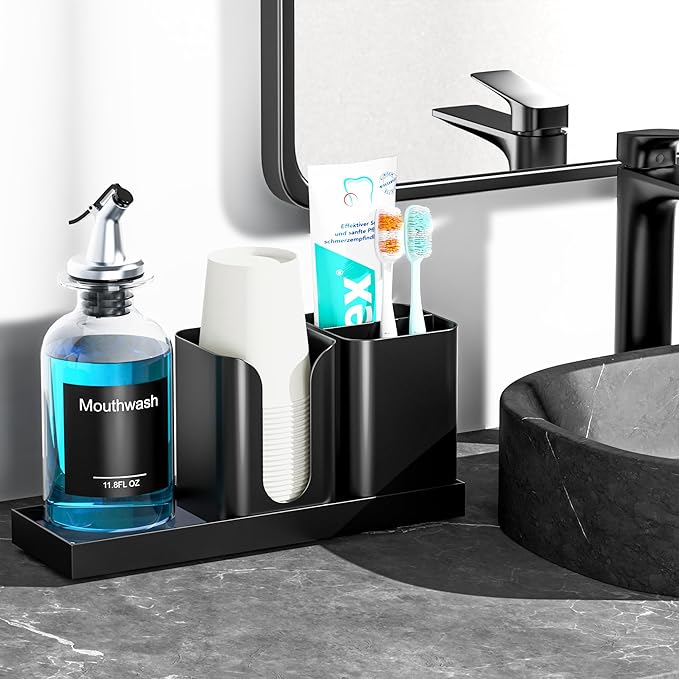 Moforoco Glass Mouthwash Dispenser with Toothbrush Holders, 11.8Oz Mouth Wash Bottle Container with Cup Holder, Funnel, Labels, and Drying Stone Tray, Bathroom Decor Accessories Set, Black