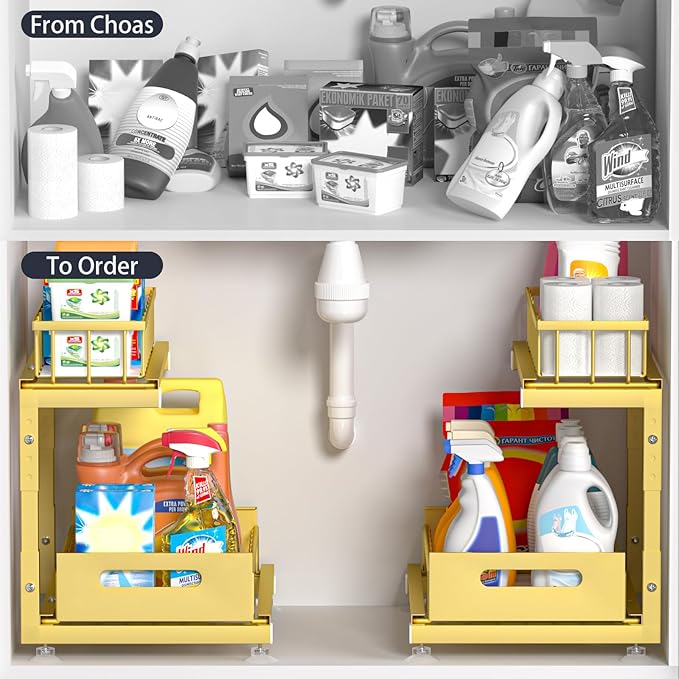Under Sink Organizer, 2-Tier Premium Metal Pull-Out Racks with Adjustable Height, Heavy Duty Sliding Bin for Bathroom and Kitchen Cabinet Storage, Rust Resistant 2 Pack