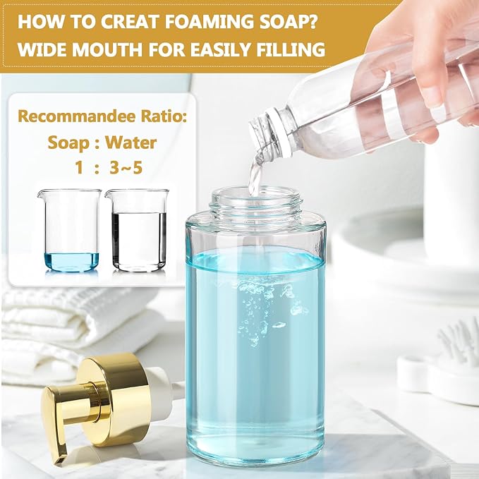 Foaming Soap Dispenser, 10 oz/300ml Gold Soap Dispenser, 2 Pack Glass Foaming Hand Dispenser for Bathroom & Kitchen, Clear Refillable Foam Bottle with Waterproof Labels