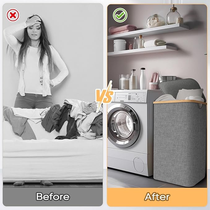 BALEINE Laundry Hamper with Lid, Tall Laundry Baskets with Bamboo Pull Handles, Large Laundry Bin with Internal Support (26 Gal/100L, Grey) (Pack of 2)