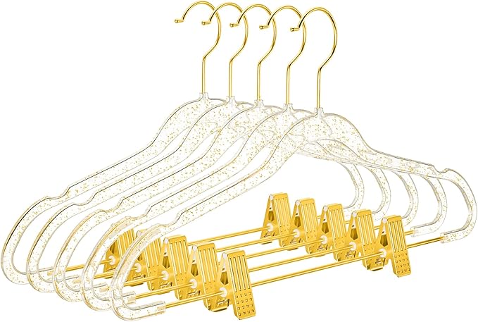 MIZGI Slim Gold Glitter Pants & Skirt Hangers (20 Pack) – Adjustable Gold Clips & Hooks, Transparent Non-Felt, Space-Saving for Dresses, Shirts, Blouses