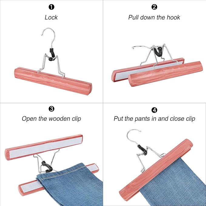 TOPIA HANGER 24 Pack Cedar Pants Hangers, Hair Extension Hangers Non Slip Skirt Hanger Wood Clamp with Velvet Padded 360° Swivel Hook for Jeans, Skirts, Trousers, Wigs CT68C