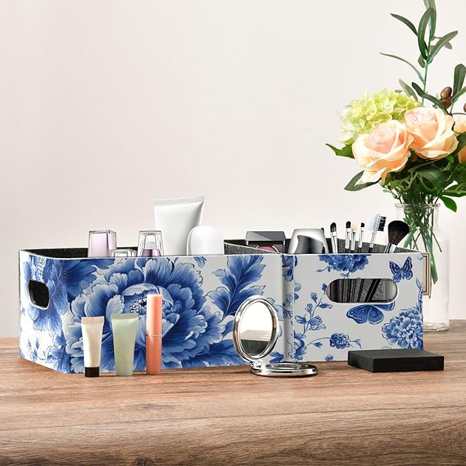 Blue and White Peony Flowers Butterfly Closet Storage Bins 2 Pcs Felt Open Home Storage Containers Organizer with Handles Collapsible Shelf Basket for Home Office Craft Room Classroom Fabric